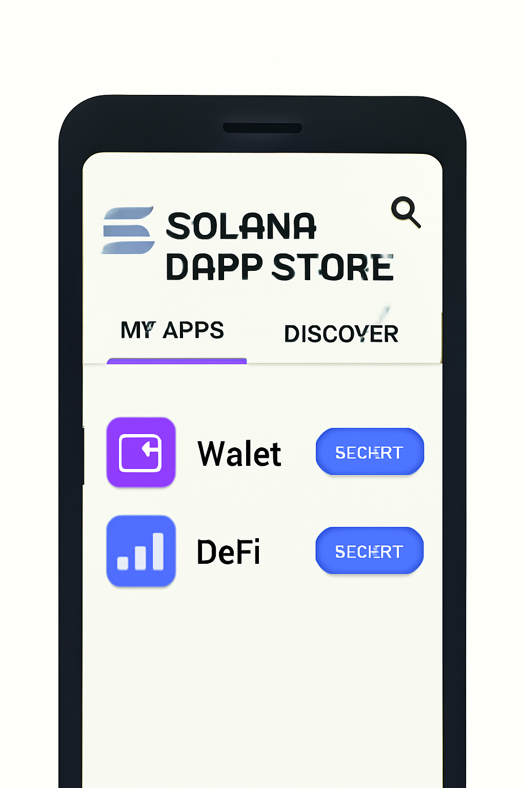 The Solana dApp Store interface on the Saga phone, highlighting the 'My Apps' section with available updates for wallet and DeFi apps.