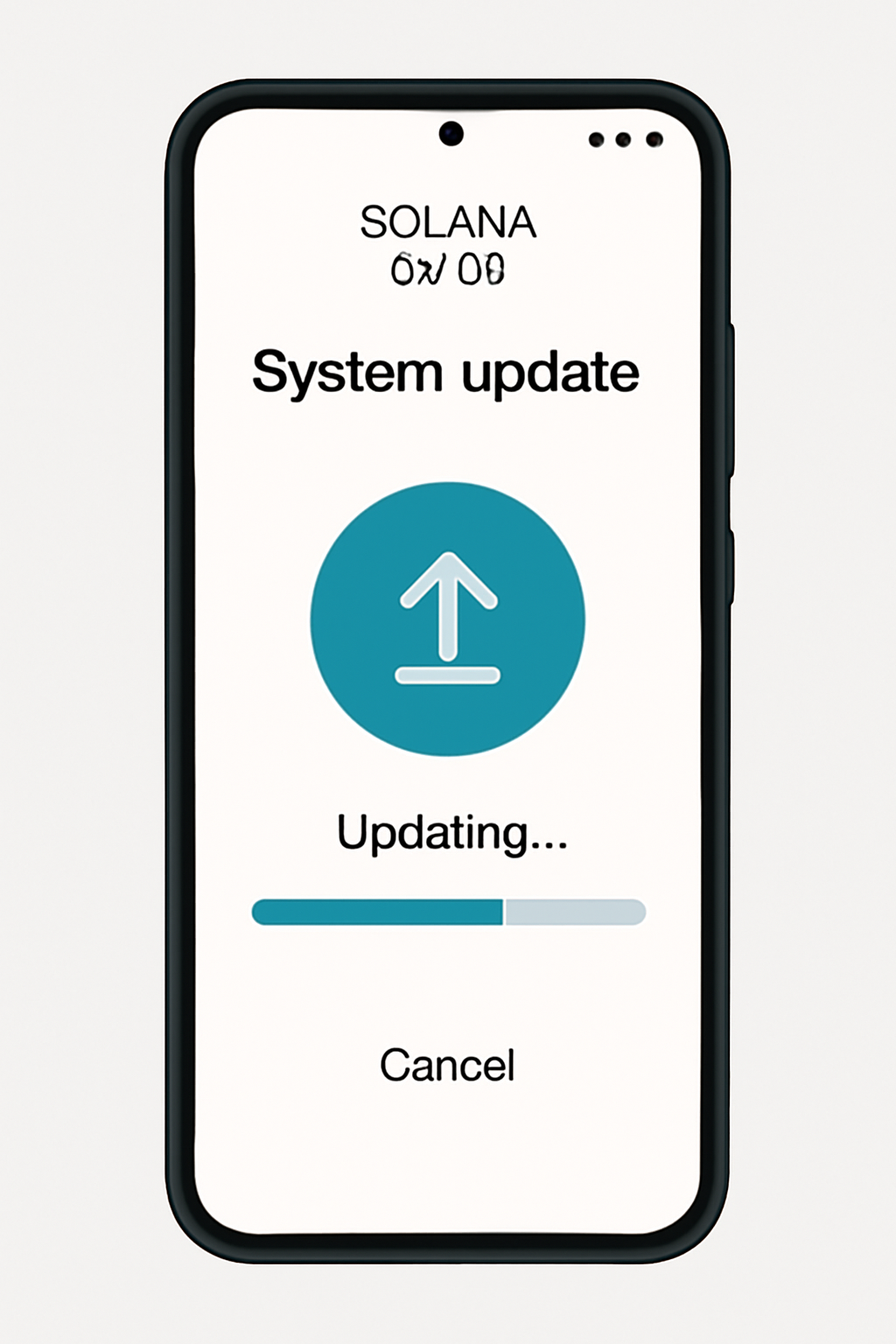 Solana Saga phone displaying the system update screen, with a progress bar or update notification. Show a secure, modern phone interface.