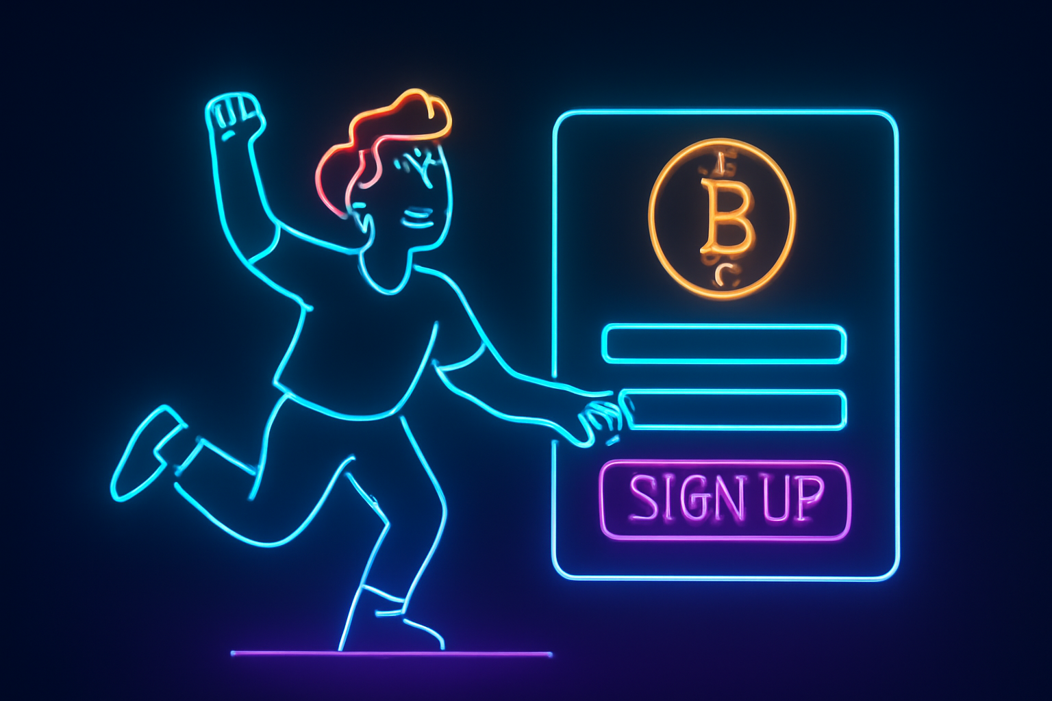 energetic person excitedly signing up on modern crypto website, neon glow, minimalist