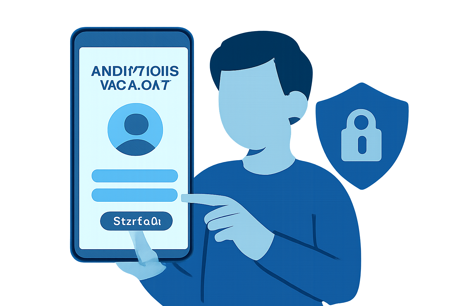 simple user creating anonymous account on mobile app, privacy shield icon, vibrant blues