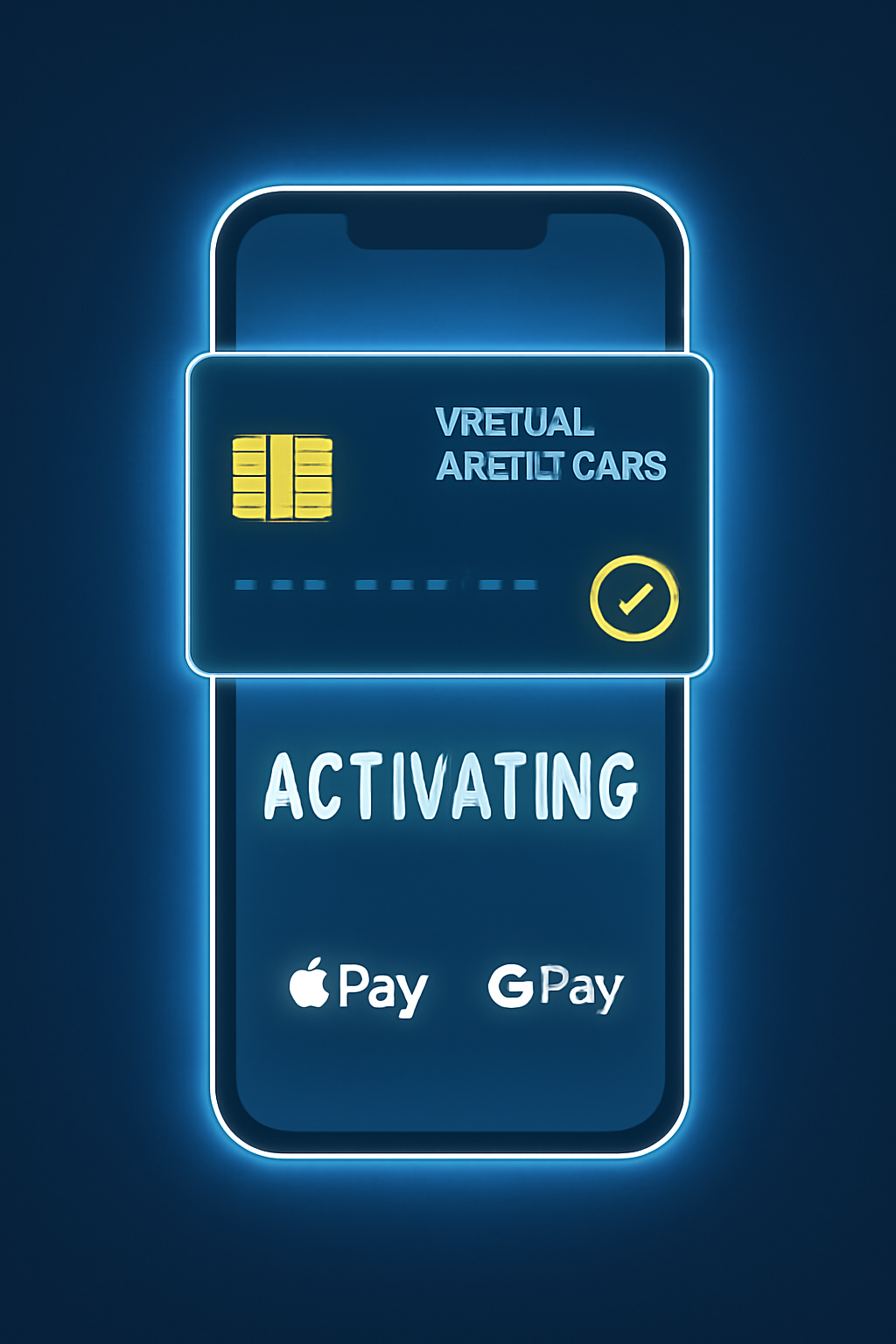 virtual credit card activating on smartphone with Apple Pay Google Pay icons, futuristic glow