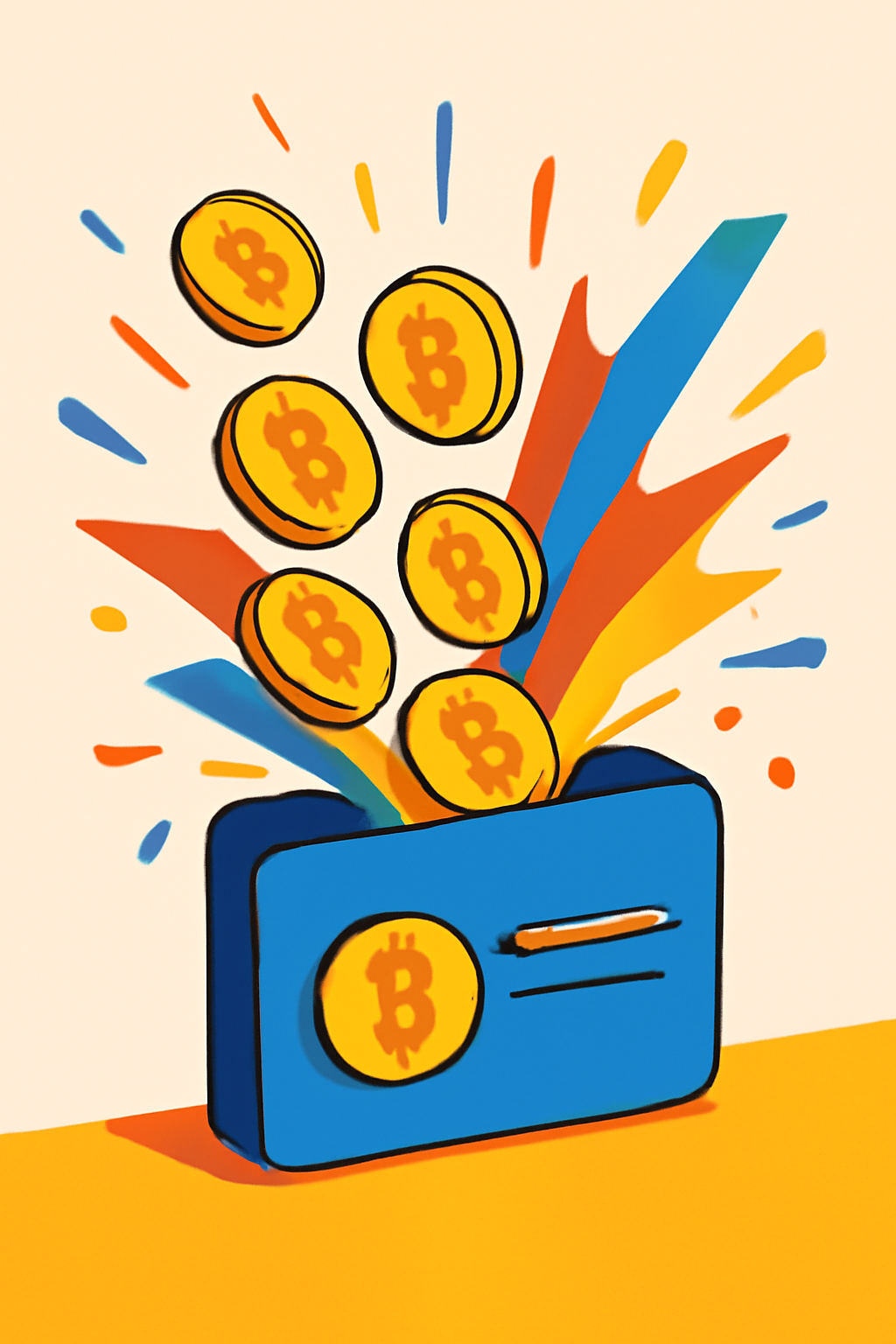 crypto coins pouring into digital wallet card, explosion of colors, dynamic action