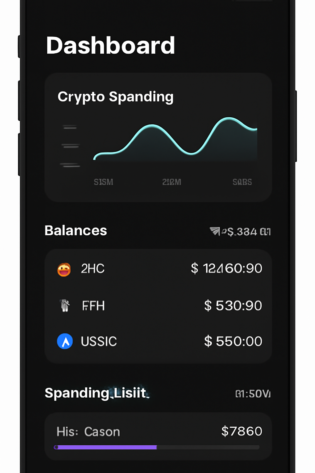 sleek mobile app dashboard showing crypto spending charts balances limits, dark mode