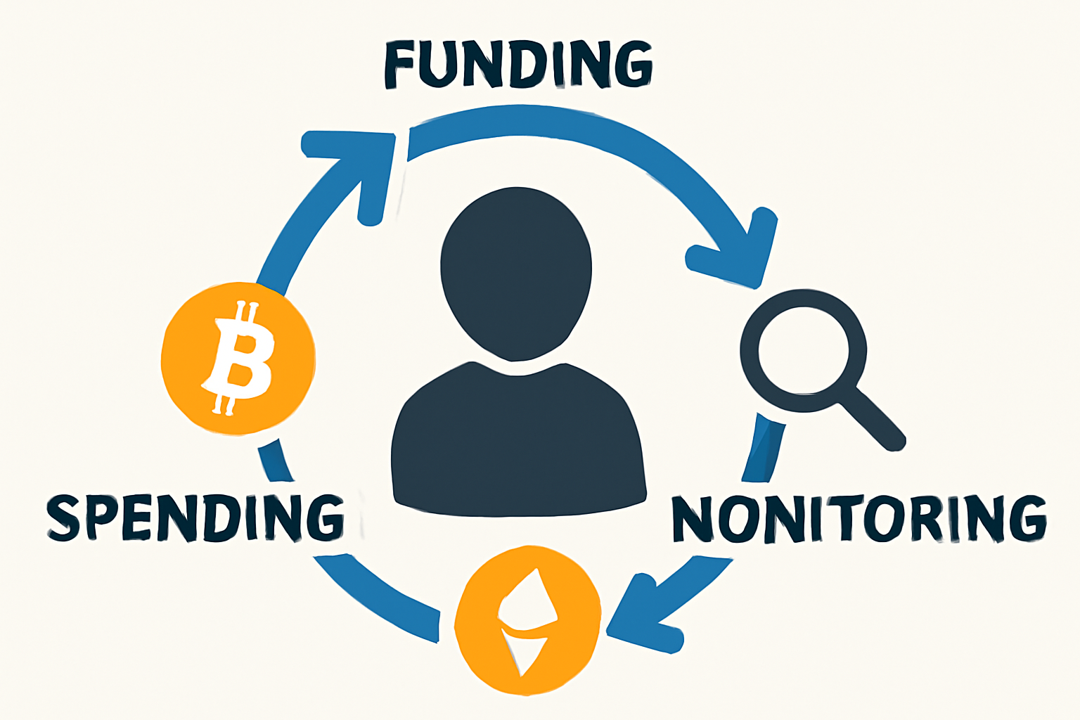 endless loop cycle of funding spending monitoring, anonymous figure with crypto icons