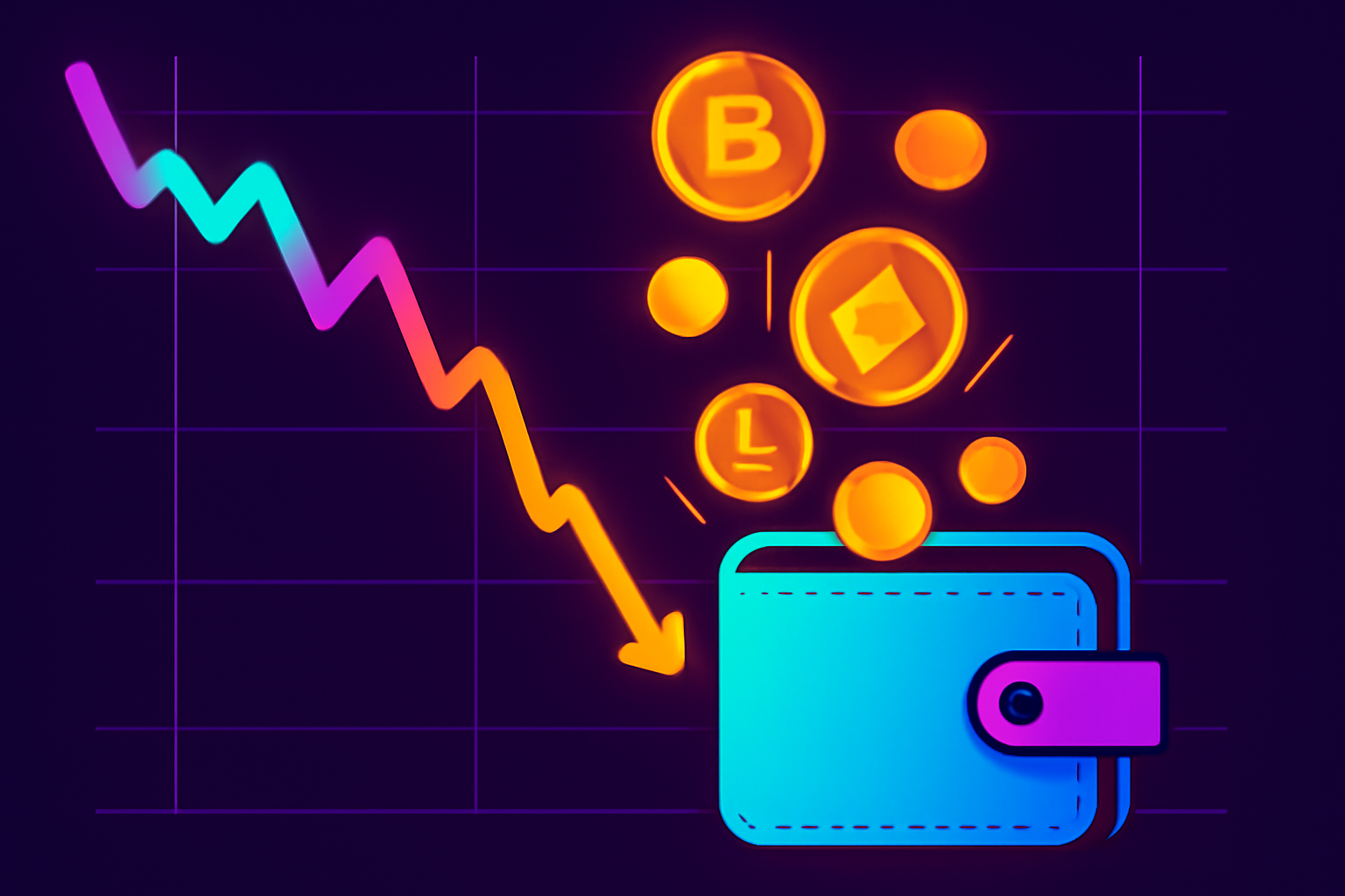 vibrant crypto price chart dipping sharply, coins pouring into wallet, energetic neon colors