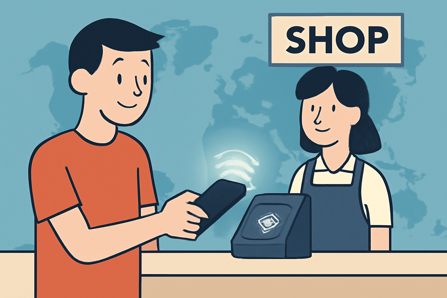 person tapping phone at international shop counter, world map background, contactless payment glow