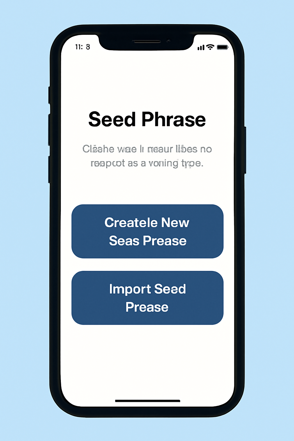 A phone screen showing options to create or import a seed phrase, with clear buttons and a secure, user-friendly interface.