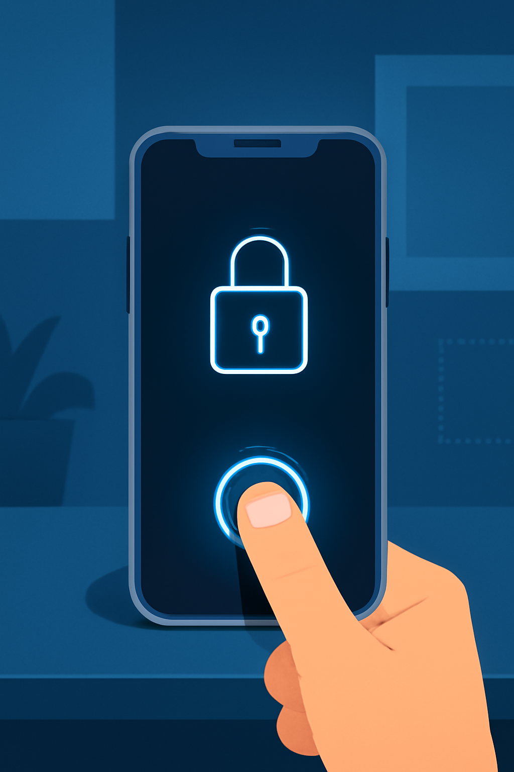 A finger touching a phone's fingerprint sensor, with a glowing lock symbol, in a secure and modern setting.