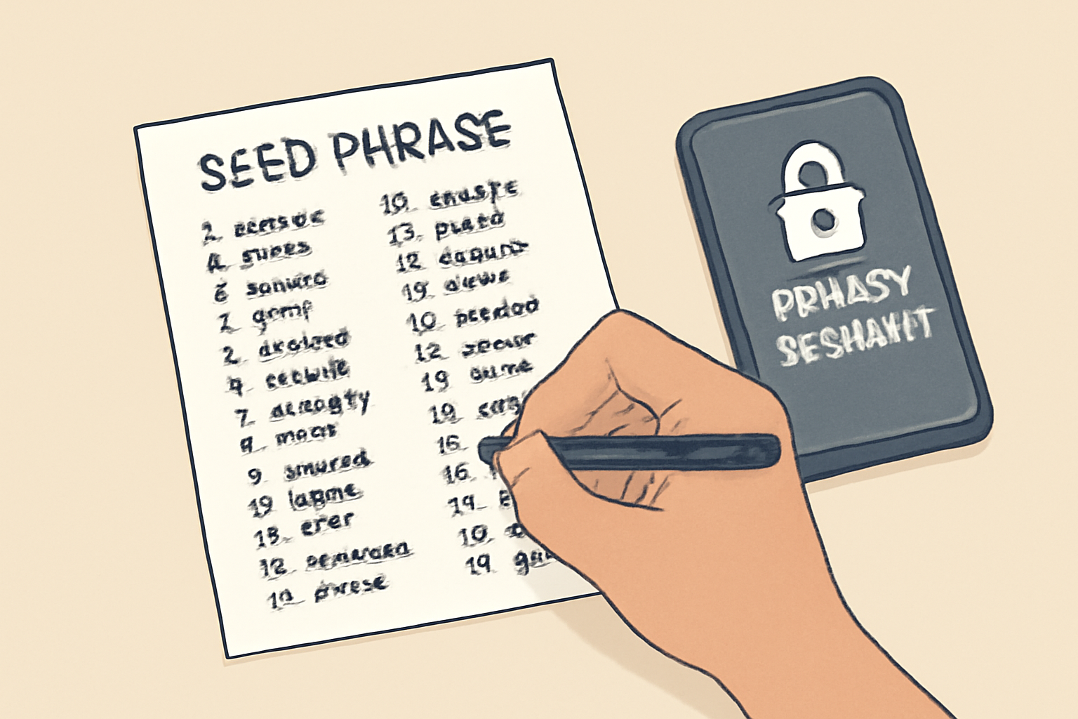 A hand writing a 24-word seed phrase on paper, with the phone nearby, emphasizing privacy and security.