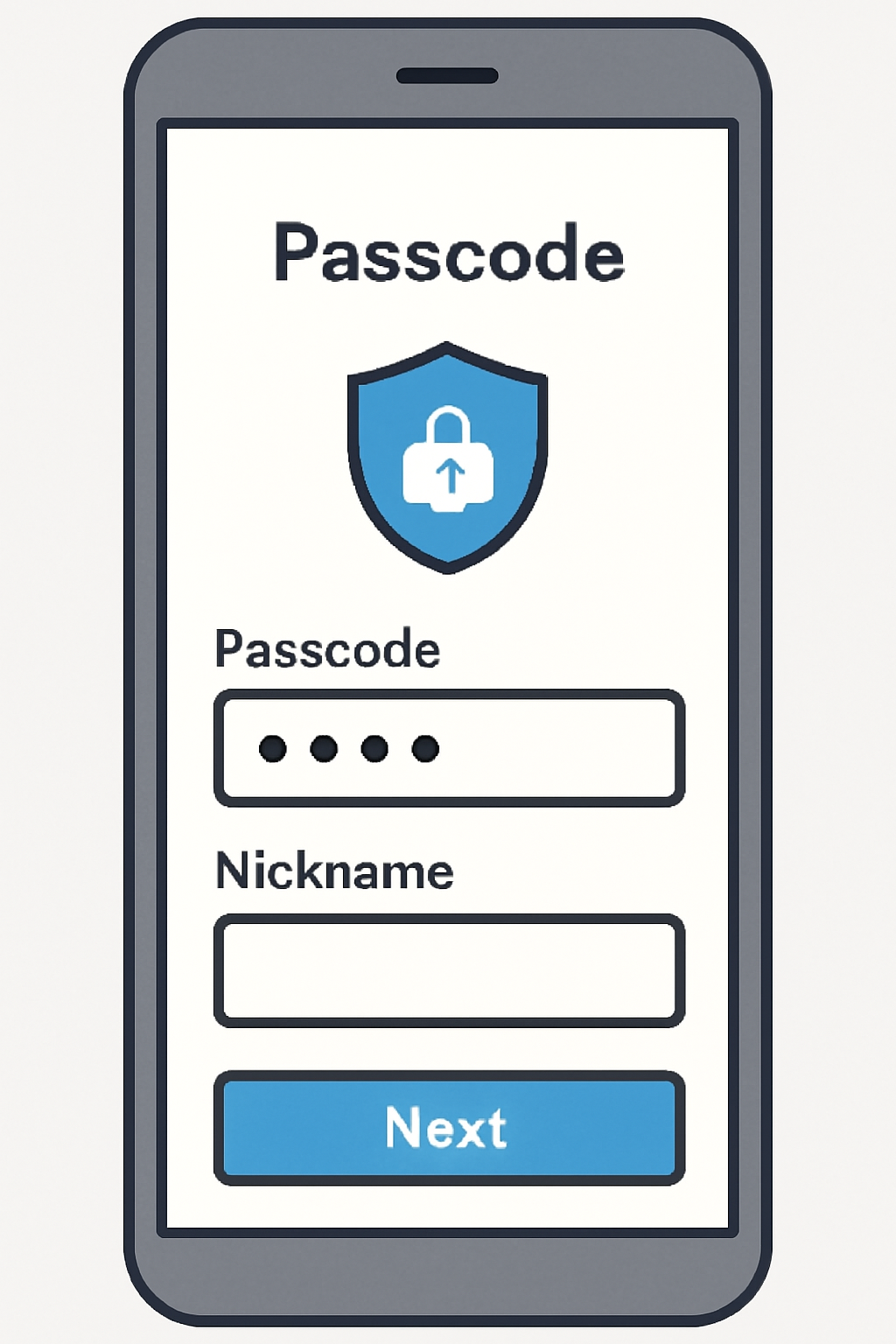 A phone screen prompting for a passcode and a nickname, with a shield or lock icon indicating security.