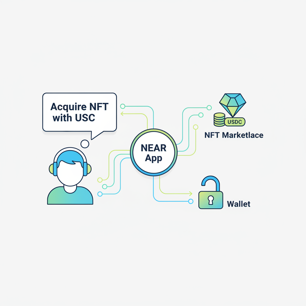 user broadcasting intent on NEAR app, speech bubble 'Acquire NFT with USDC', abstract intents flow