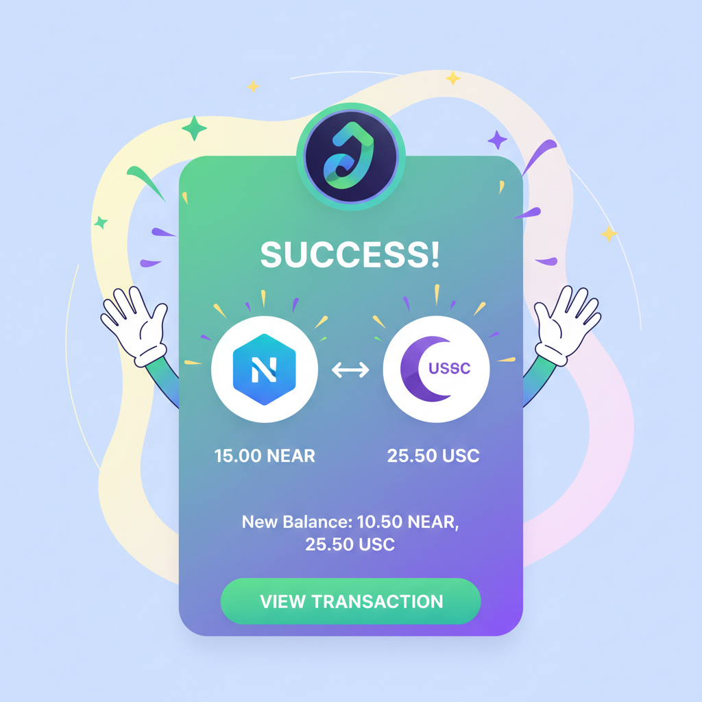 success screen with swapped assets, NEAR wallet balance updated, celebratory animations