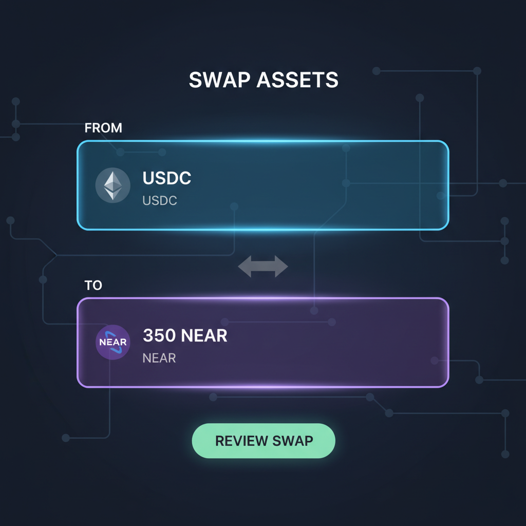 NEAR Intents UI form selecting Ethereum USDC to NEAR swap, input fields glowing, sci-fi interface