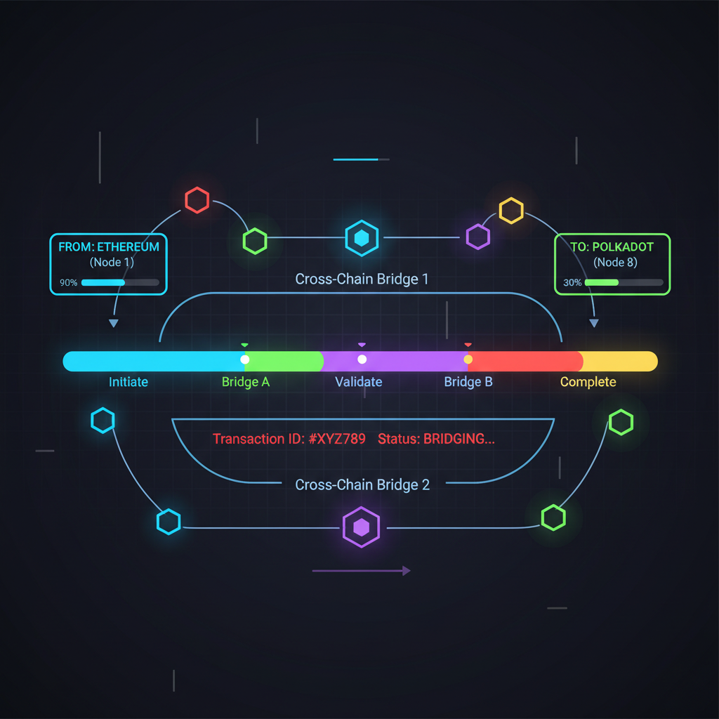 live transaction tracker with cross-chain bridges lighting up, progress bars, neon blockchain nodes