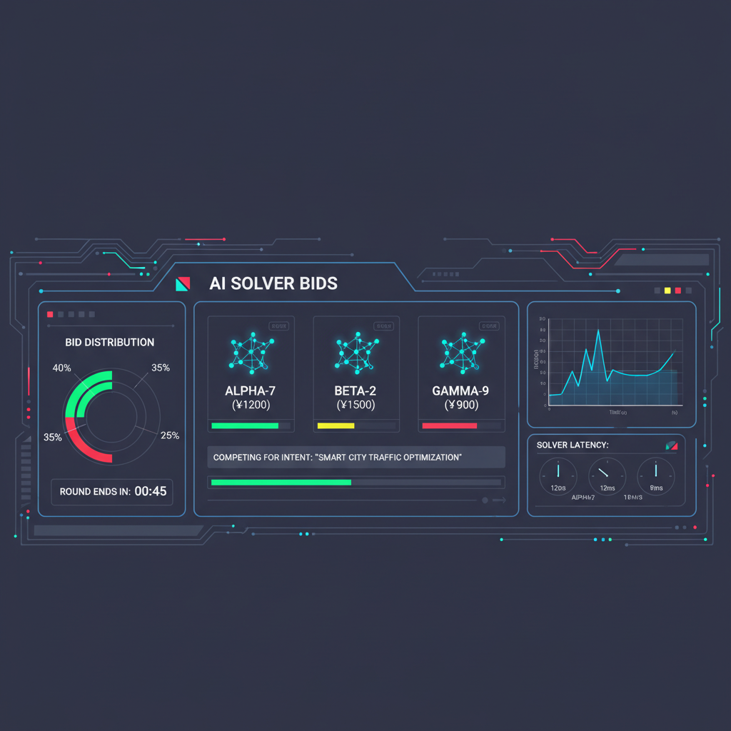 dashboard showing AI solver bids competing for intent, graphs and timers, cyberpunk style
