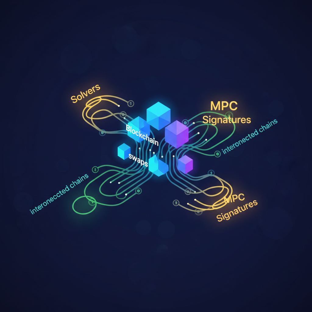 network of solvers bundling blockchain swaps, MPC signatures glowing, interconnected chains