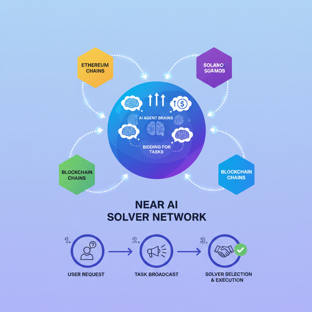 infographic of NEAR AI solver network, nodes connecting chains, AI brains bidding, abstract tech art