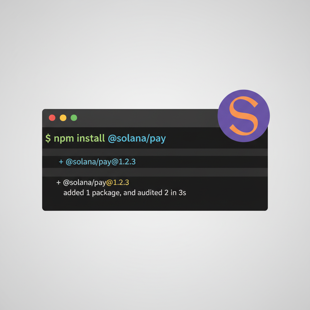 terminal running npm install @solana/pay, code syntax highlighted, Solana logo