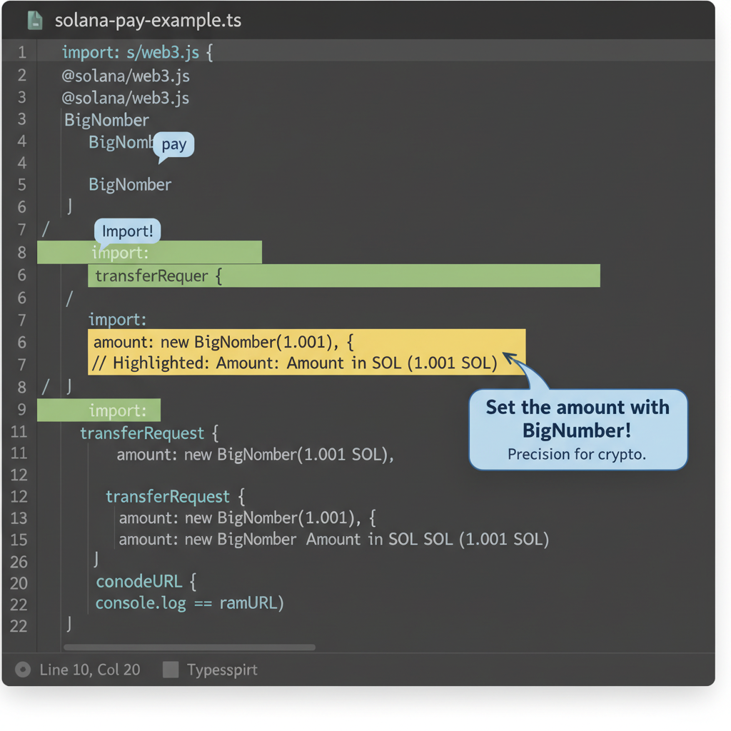 code snippet creating Solana Pay transfer request, BN amount highlighted