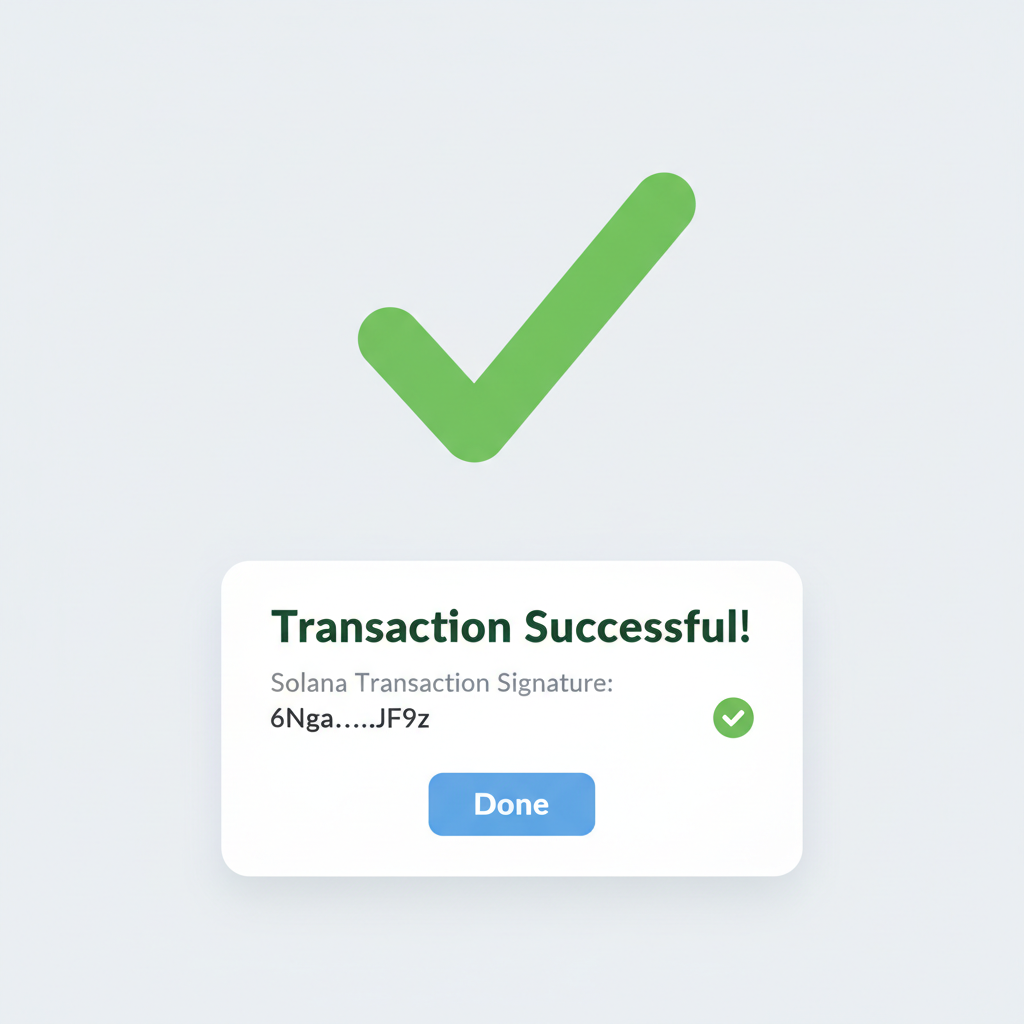 success confirmation UI with Solana transaction signature, green checkmark