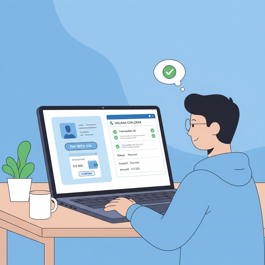 developer testing Solana dApp payment on laptop, explorer dashboard open