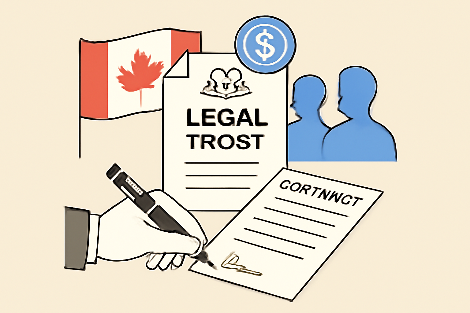 professional illustration of forming a legal trust structure for stablecoin reserves, clean lines, Canadian flag elements, documents signing