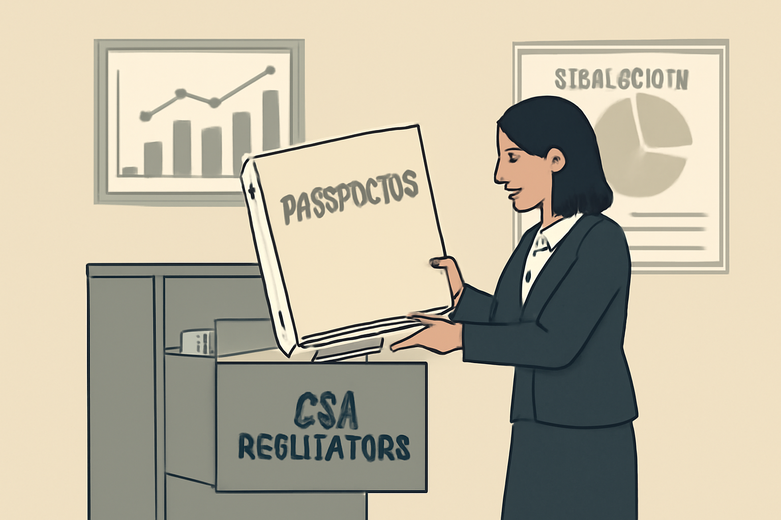 business professional filing thick prospectus document with CSA regulators, office setting, charts and graphs on stablecoin data