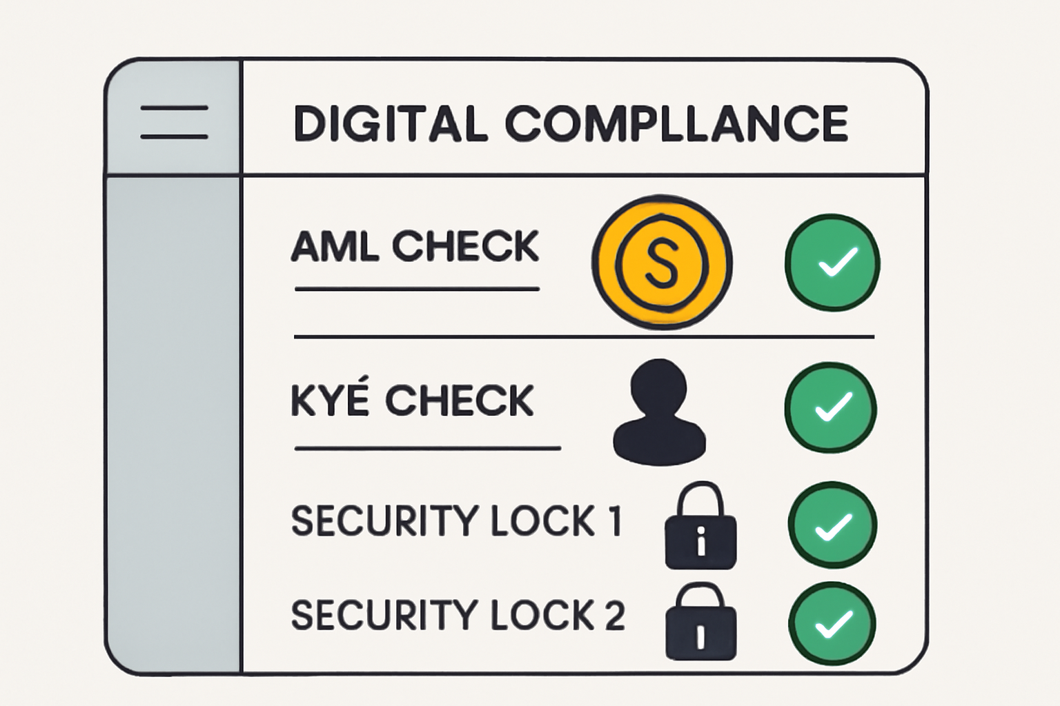 digital compliance dashboard showing AML KYC checks for stablecoin transactions, secure locks and verification icons