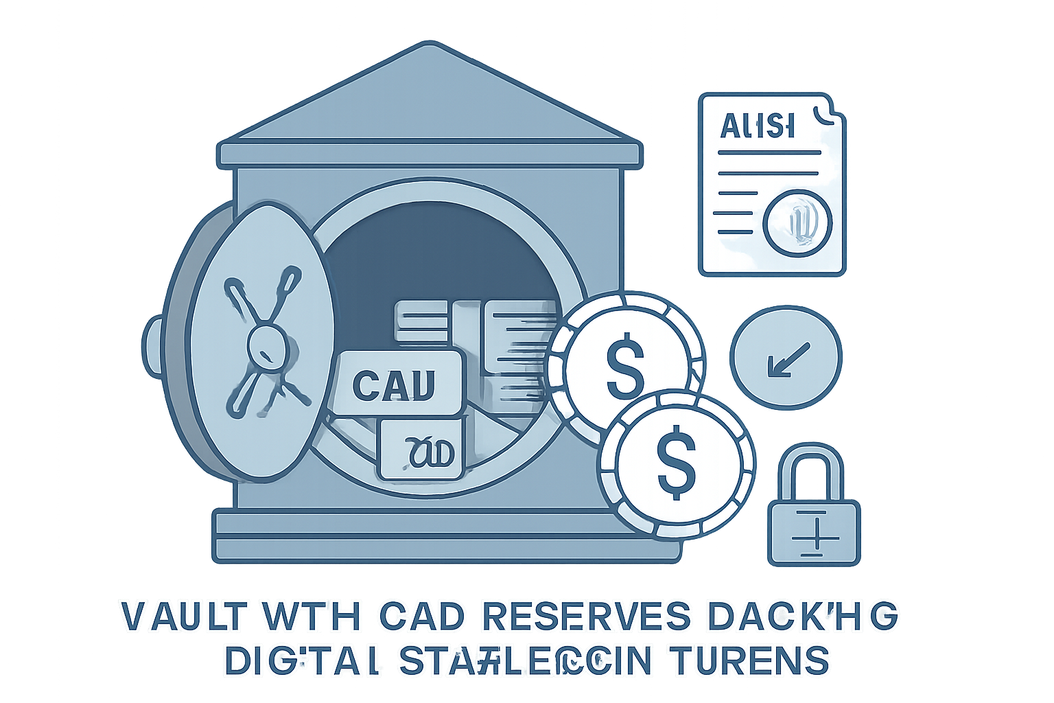 vault with CAD reserves backing digital stablecoin tokens, audit report and transparency icons, secure bank setting