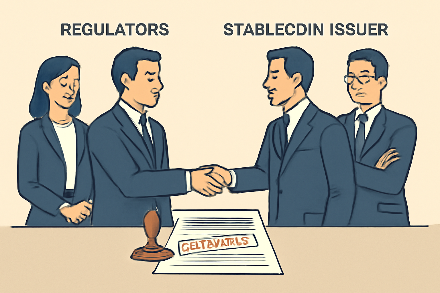regulators shaking hands with stablecoin issuer executives, approval stamp on documents, confident professional scene