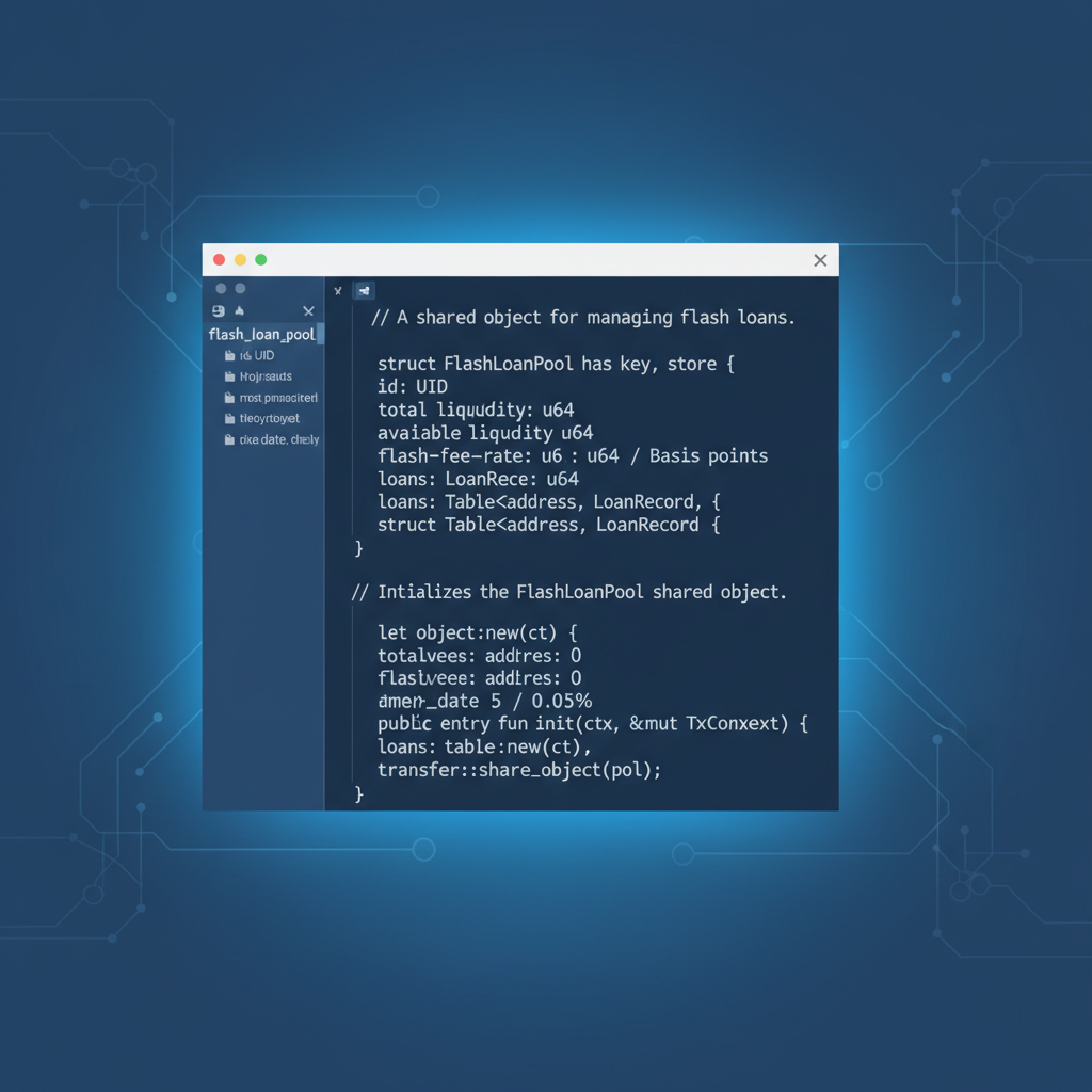 Sui Move code defining FlashLoanPool shared object struct, clean code editor, blue blockchain glow