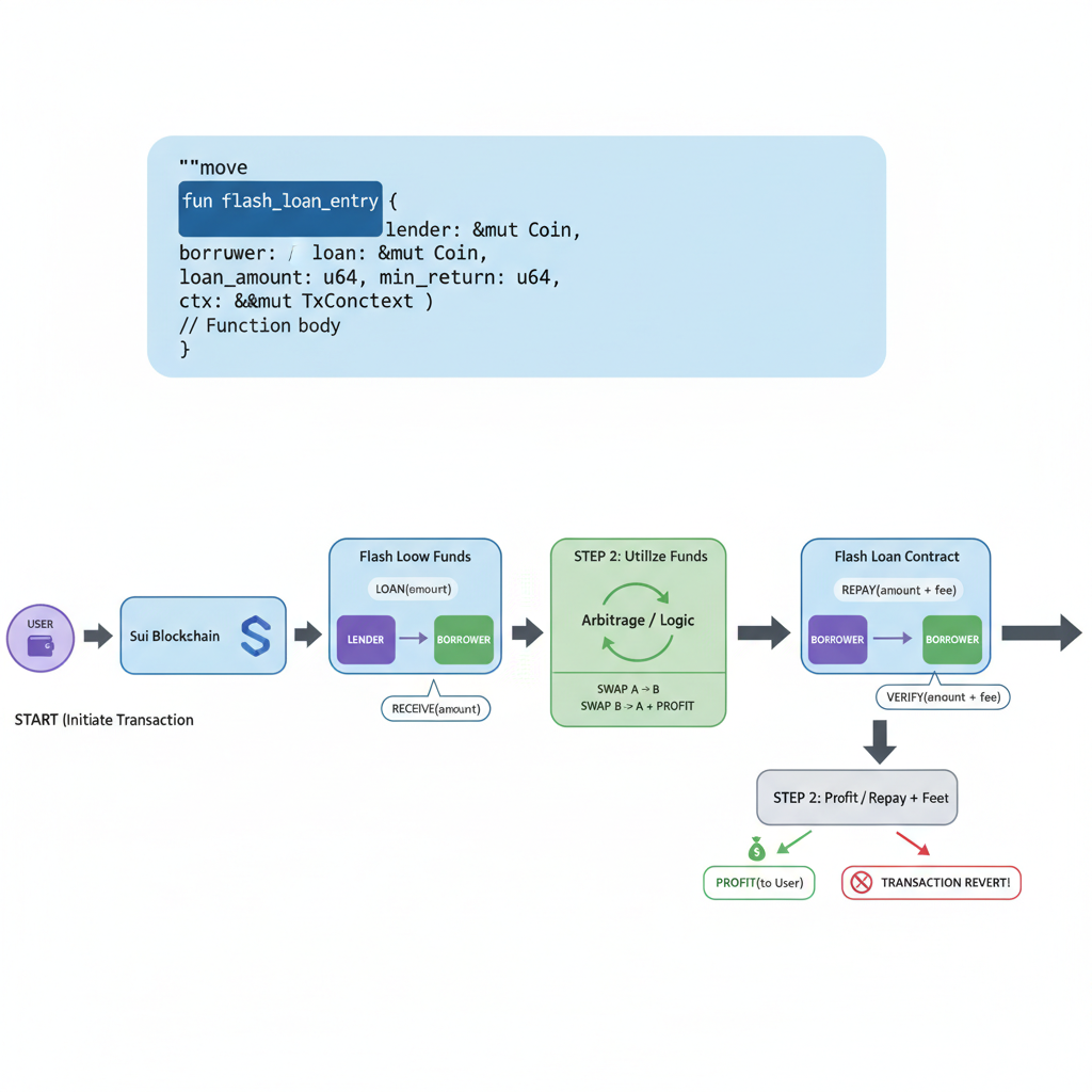 Sui Move flash_loan entry function code snippet, function signature highlighted, dynamic transaction flow diagram