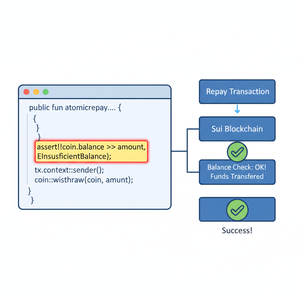 Sui Move atomic repay logic code, balance check assertion highlighted, success checkmark on blockchain