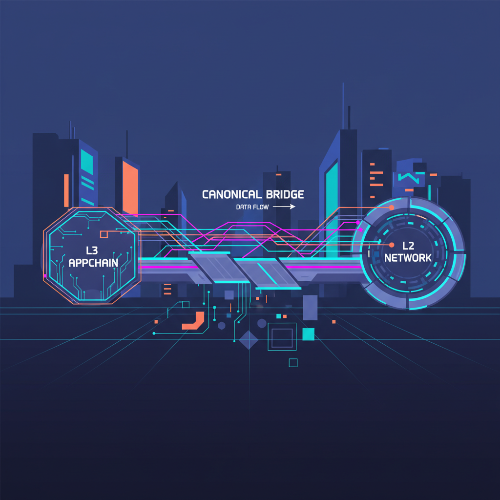 futuristic canonical bridge linking L3 appchain to L2 network, glowing connections, cyberpunk style