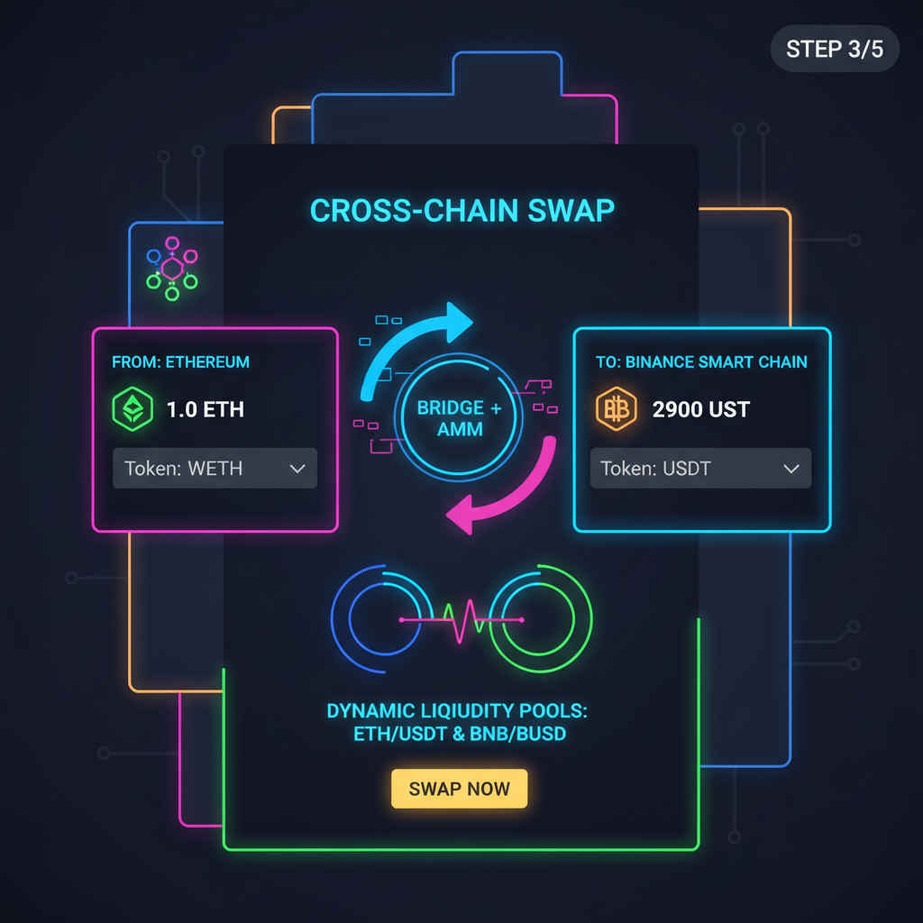cross-chain AMM interface swapping tokens across blockchains, dynamic liquidity pools, neon graphics