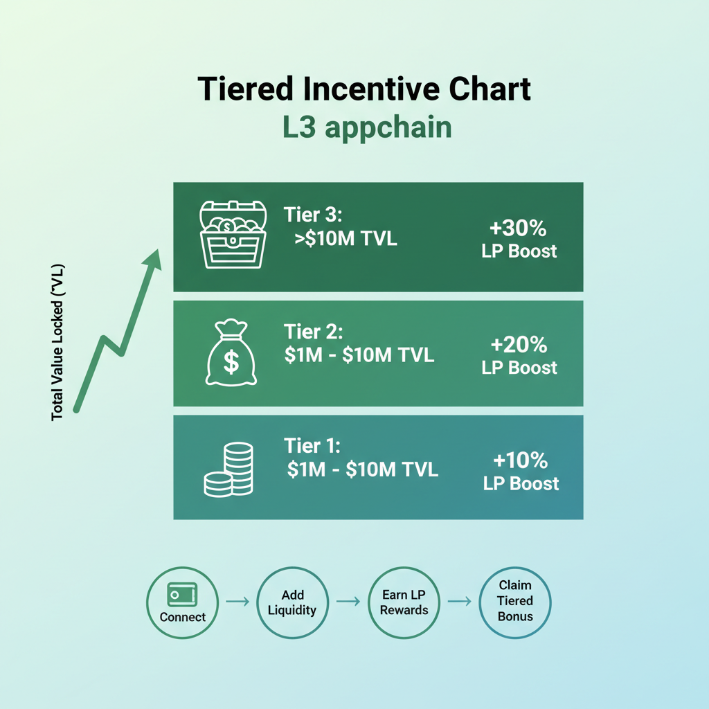 tiered incentive chart for LP rewards on L3 appchain, rising TVL graph, vibrant green rewards