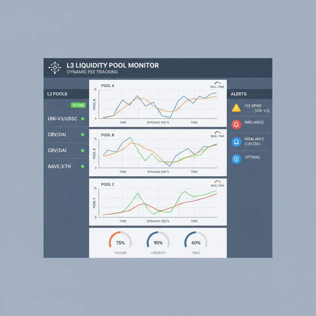 dashboard monitoring dynamic fees on L3 liquidity pools, real-time charts, alert icons