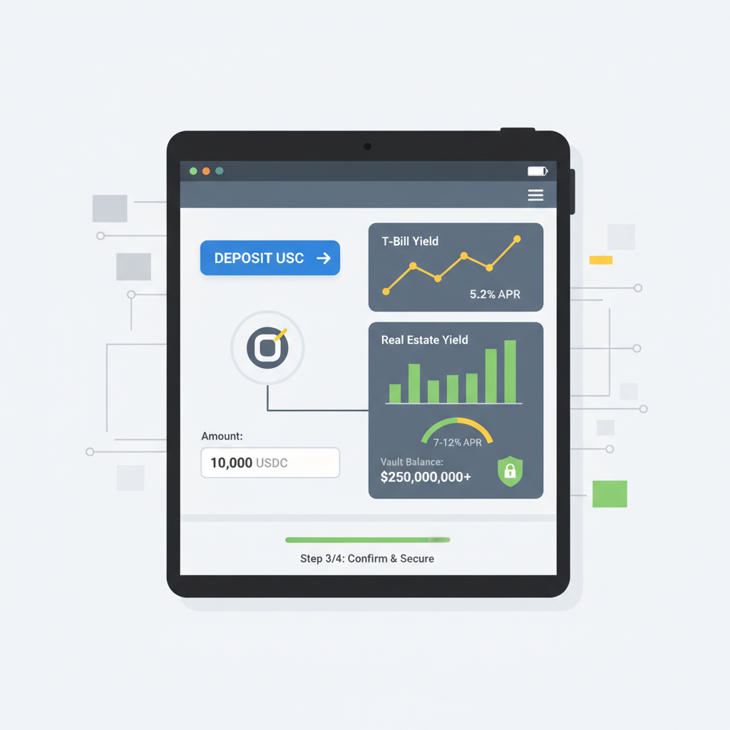 Depositing USDC into Ondo RWA vault, secure wallet interface, T-Bill and real estate yield graphs