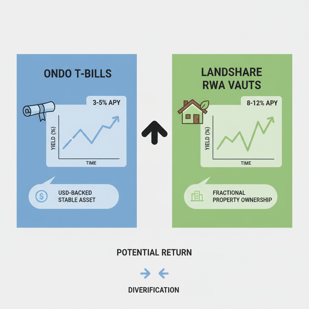 Comparison of Ondo T-Bills and Landshare RWA vaults, yield charts, real estate tokens and treasury bonds icons