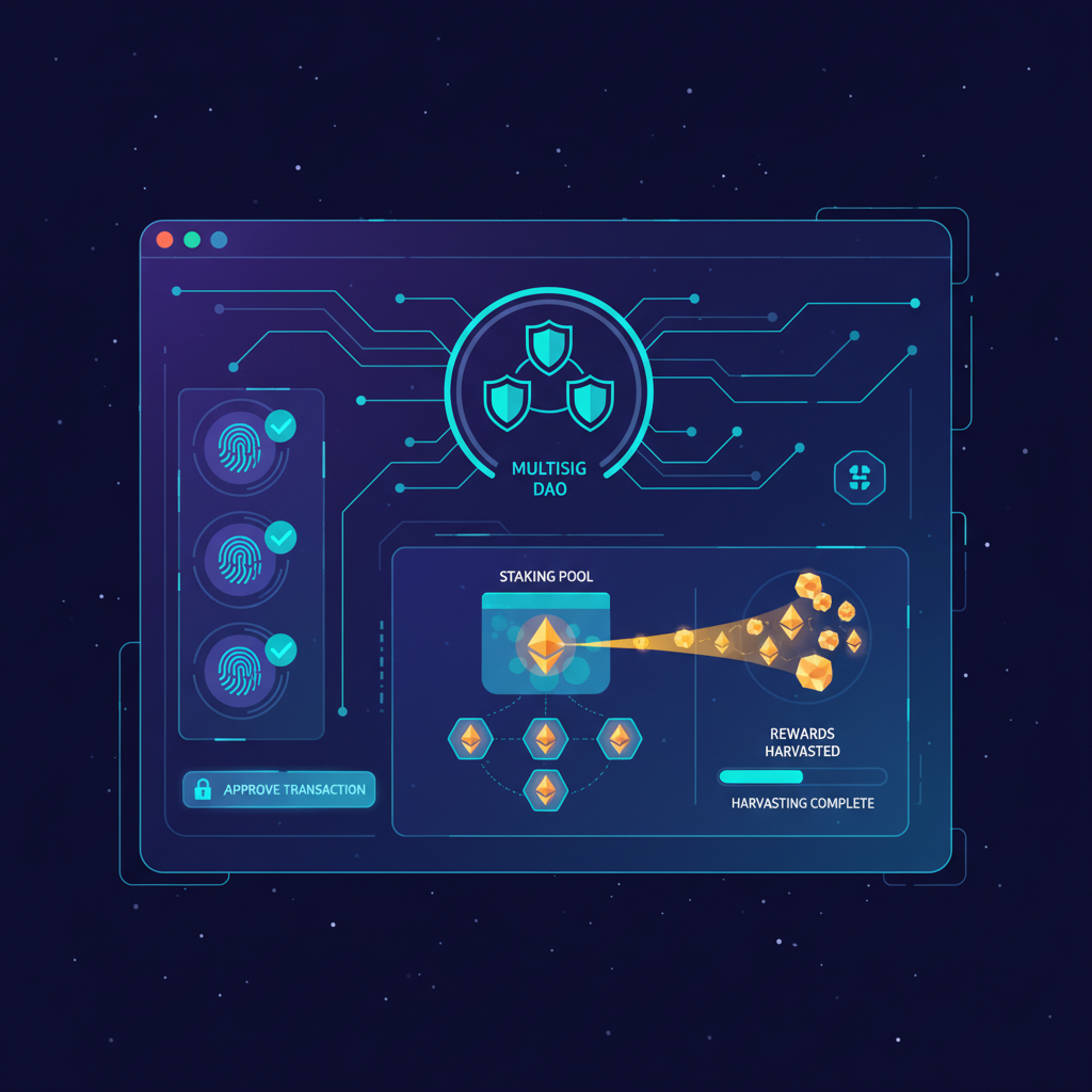 DAO multisig wallet harvesting ETH staking rewards on Ethereum dashboard, futuristic crypto interface, glowing ETH icons