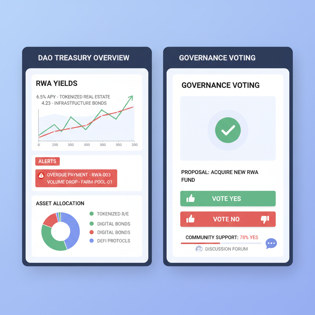 DAO treasury dashboard monitoring RWA yields, alerts and charts, collaborative governance voting screen