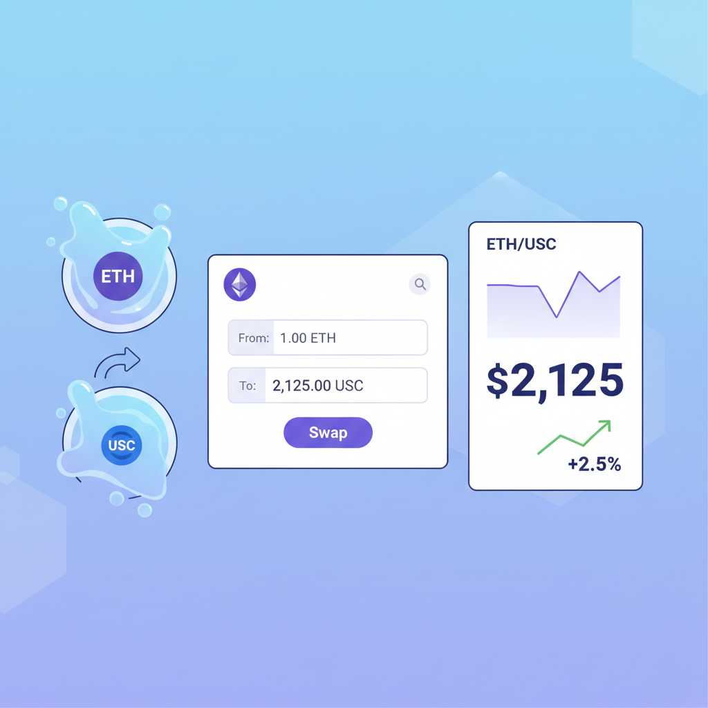 Ethereum to USDC swap on Uniswap DEX interface, liquidity pools glowing, price chart showing $2,125 ETH