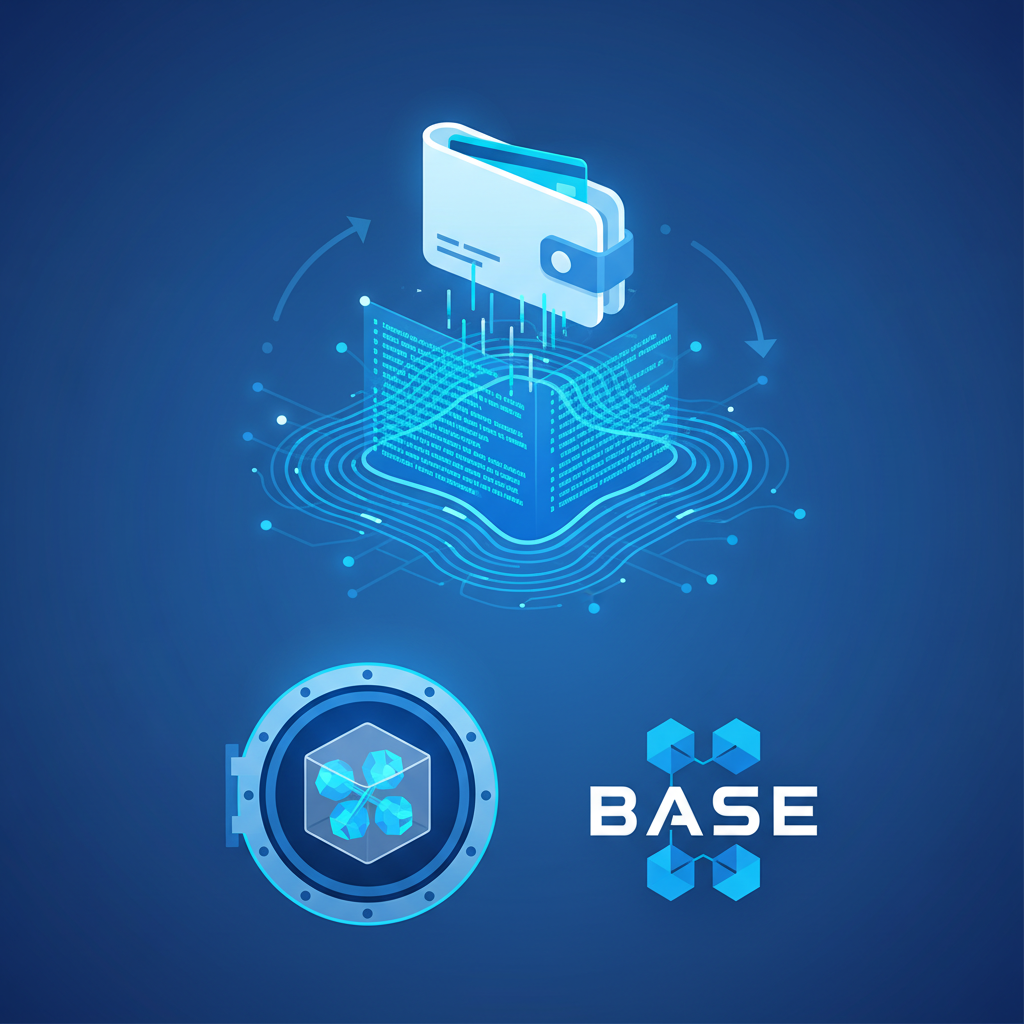 illustration of digital wallet icon emerging from code snippet, glowing keys secured in vault, Base chain logo, futuristic blue tones