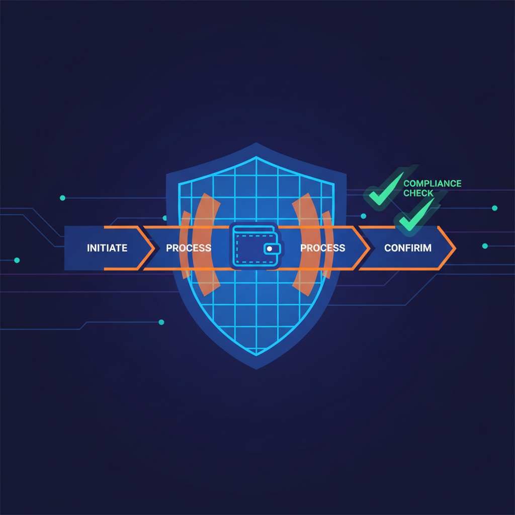 shield icon protecting transaction flow diagram, guardrail barriers around wallet, compliance checkmarks, cyberpunk security aesthetic