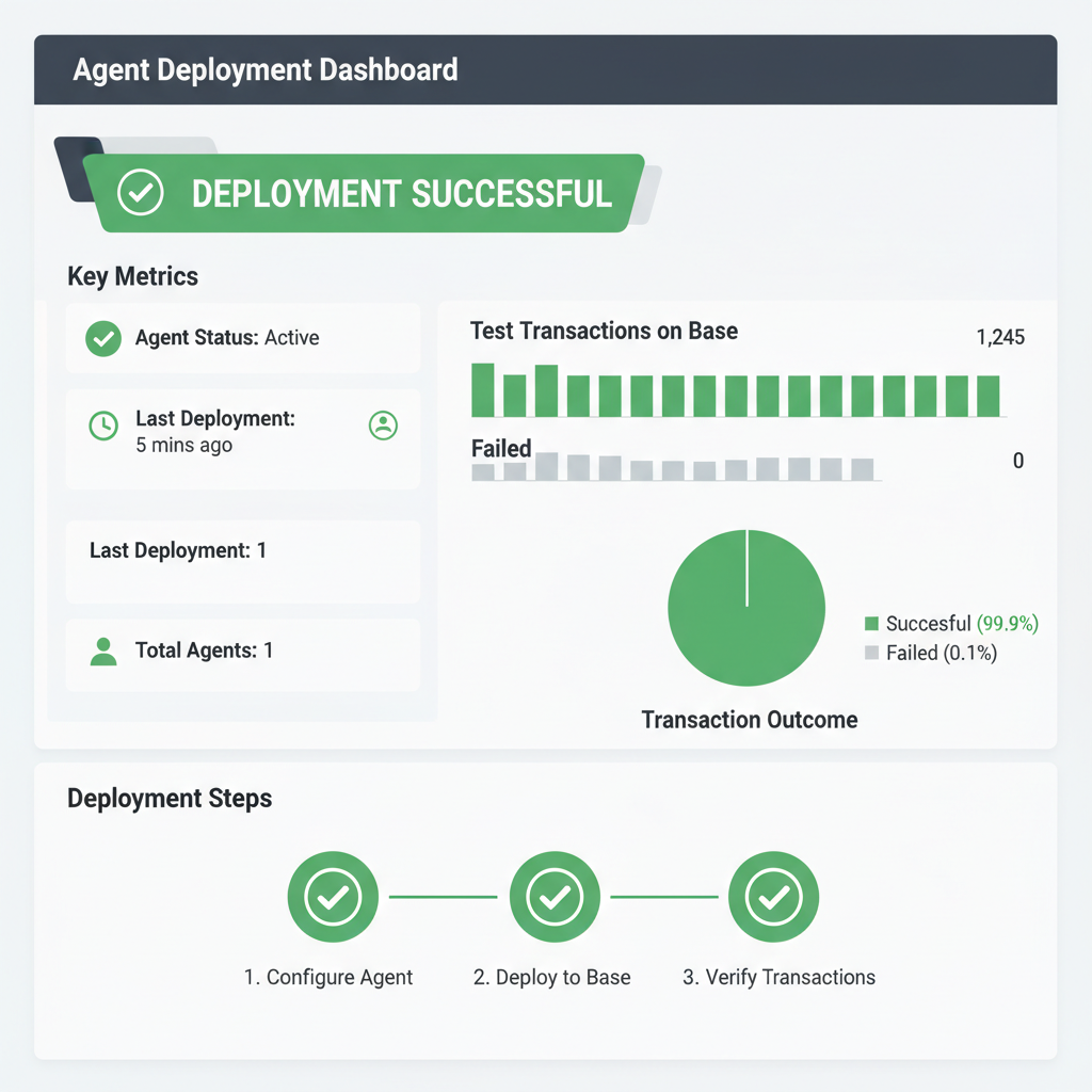 dashboard screenshot of successful agent deployment, graphs of test transactions on Base, green success indicators, professional UI