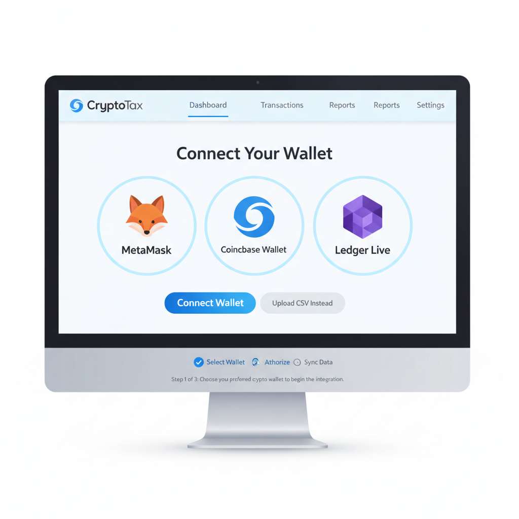 clean screenshot of connecting crypto wallet to tax software dashboard