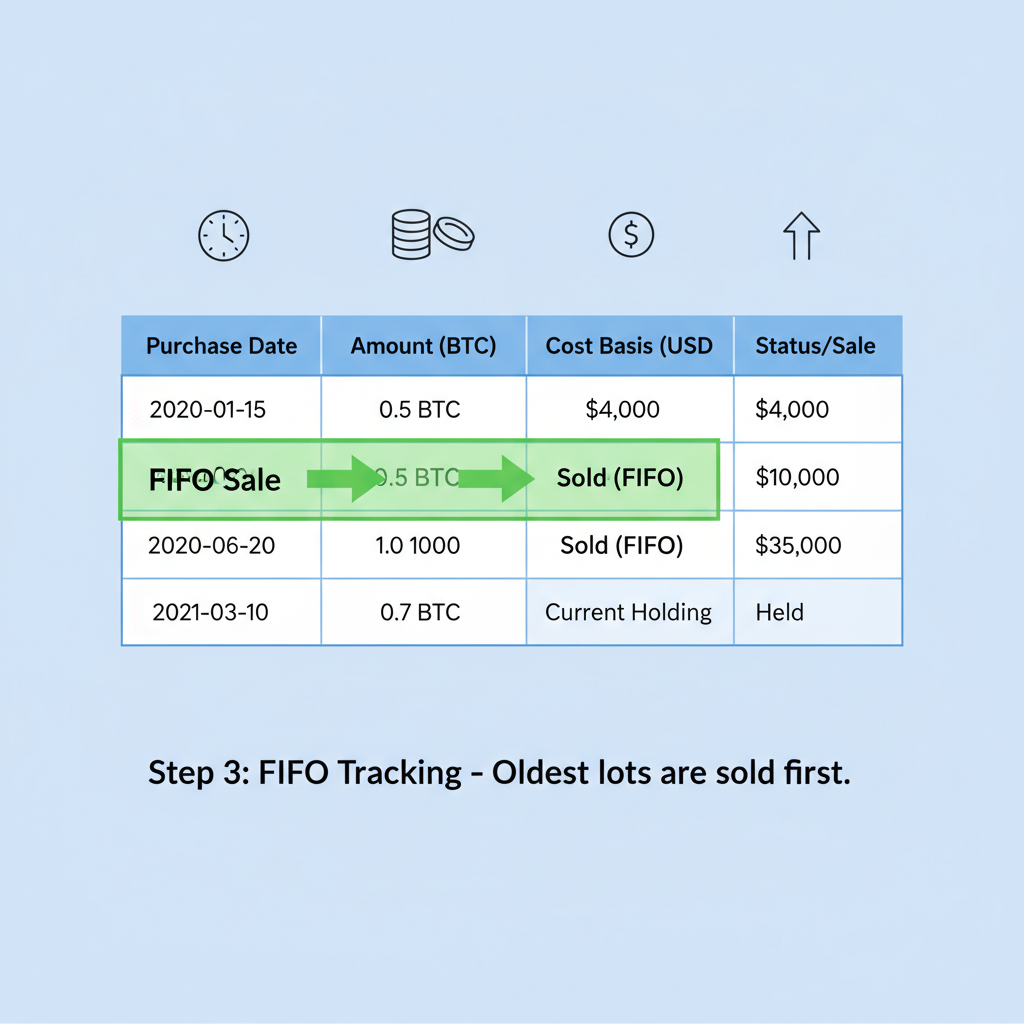 table view of crypto lots with FIFO tracking highlighted