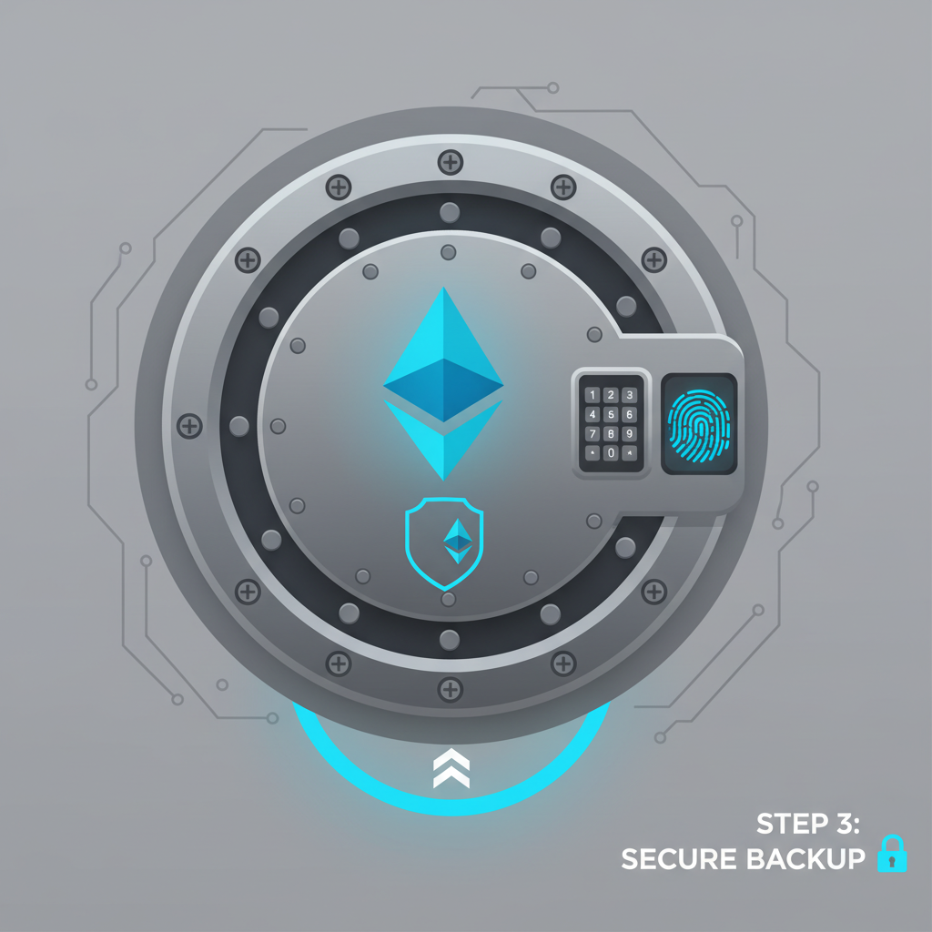 secure crypto wallet backup vault, metallic safe with ethereum symbols