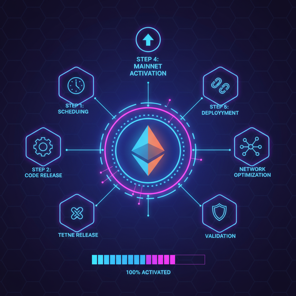 ethereum pectra upgrade activation graphic, neon blockchain nodes glowing