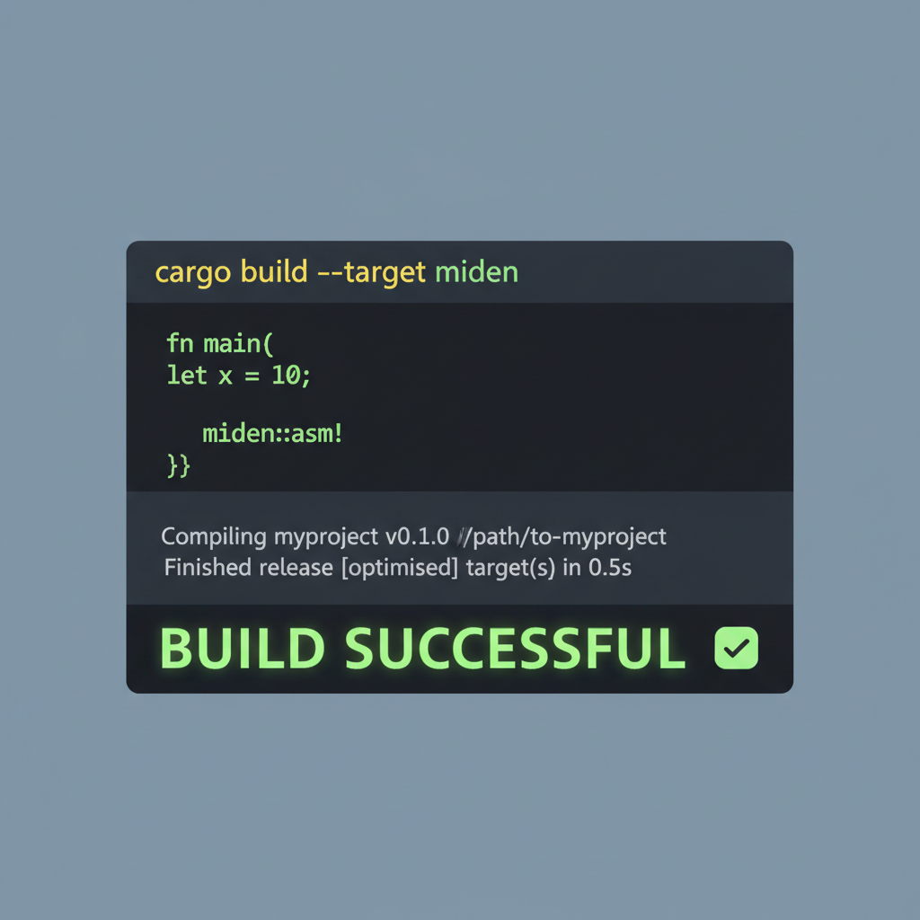 terminal compiling rust to miden assembly, build success output
